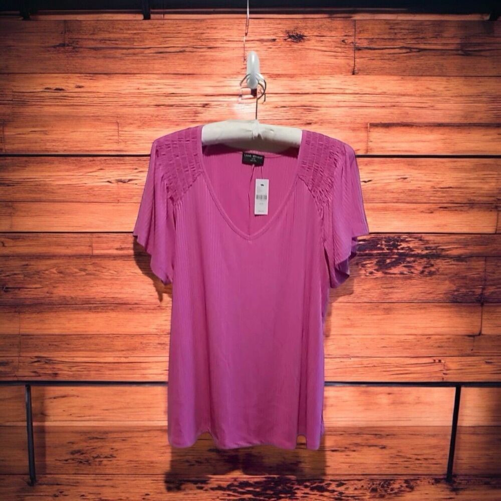 Lane Bryant NWT Womens Short Sleeve Pink Top Blouse Rusched Shoulders Size 14/16